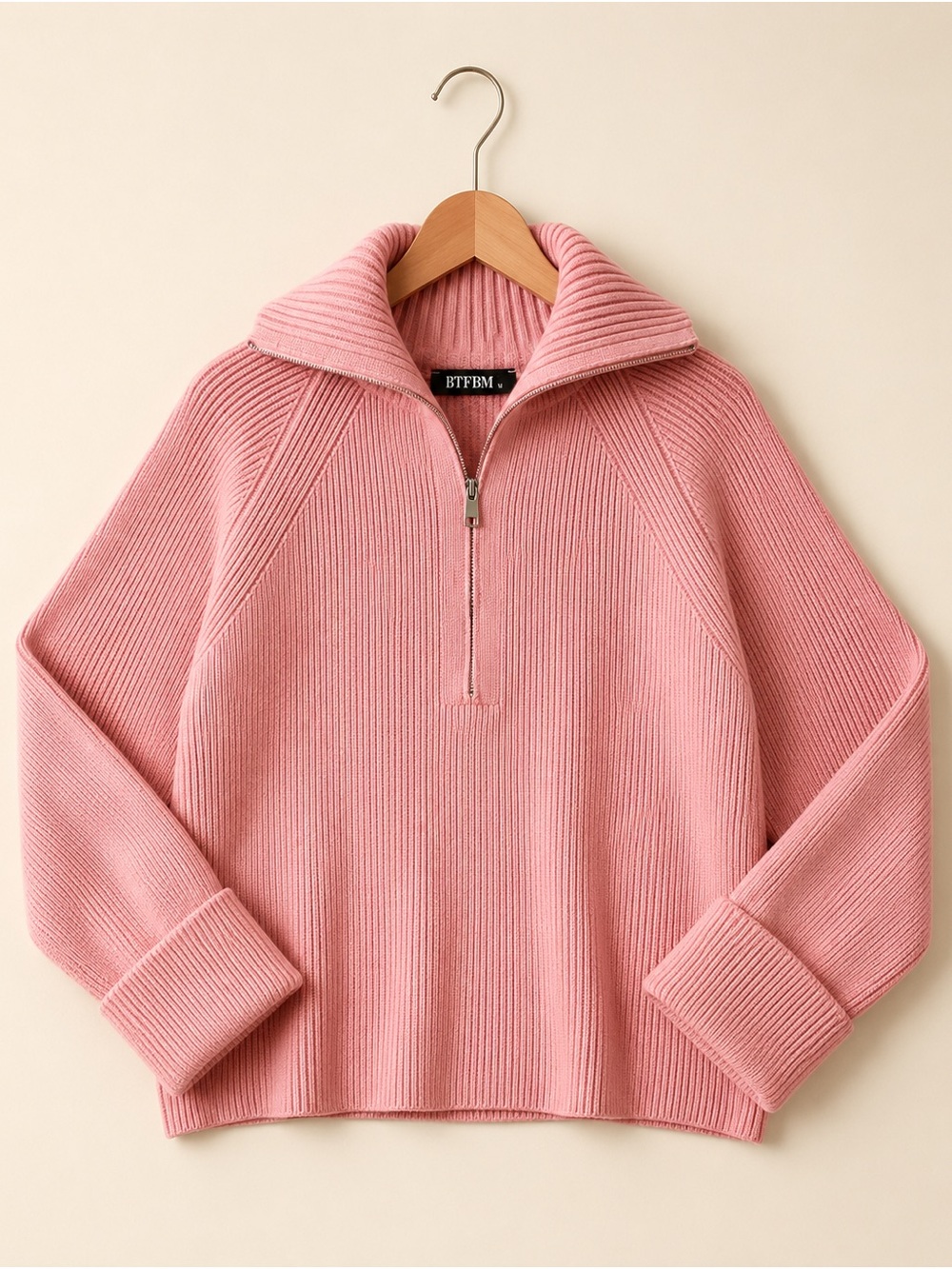 BTFBM Pink Ribbed Half Zip Mock Neck Sweater | Medium